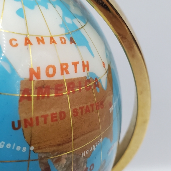 Semi-Precious Gemstone Globe 8" Stand Inlaid Brass Blue And Golden , VINTAGE - Picture 10 of 14